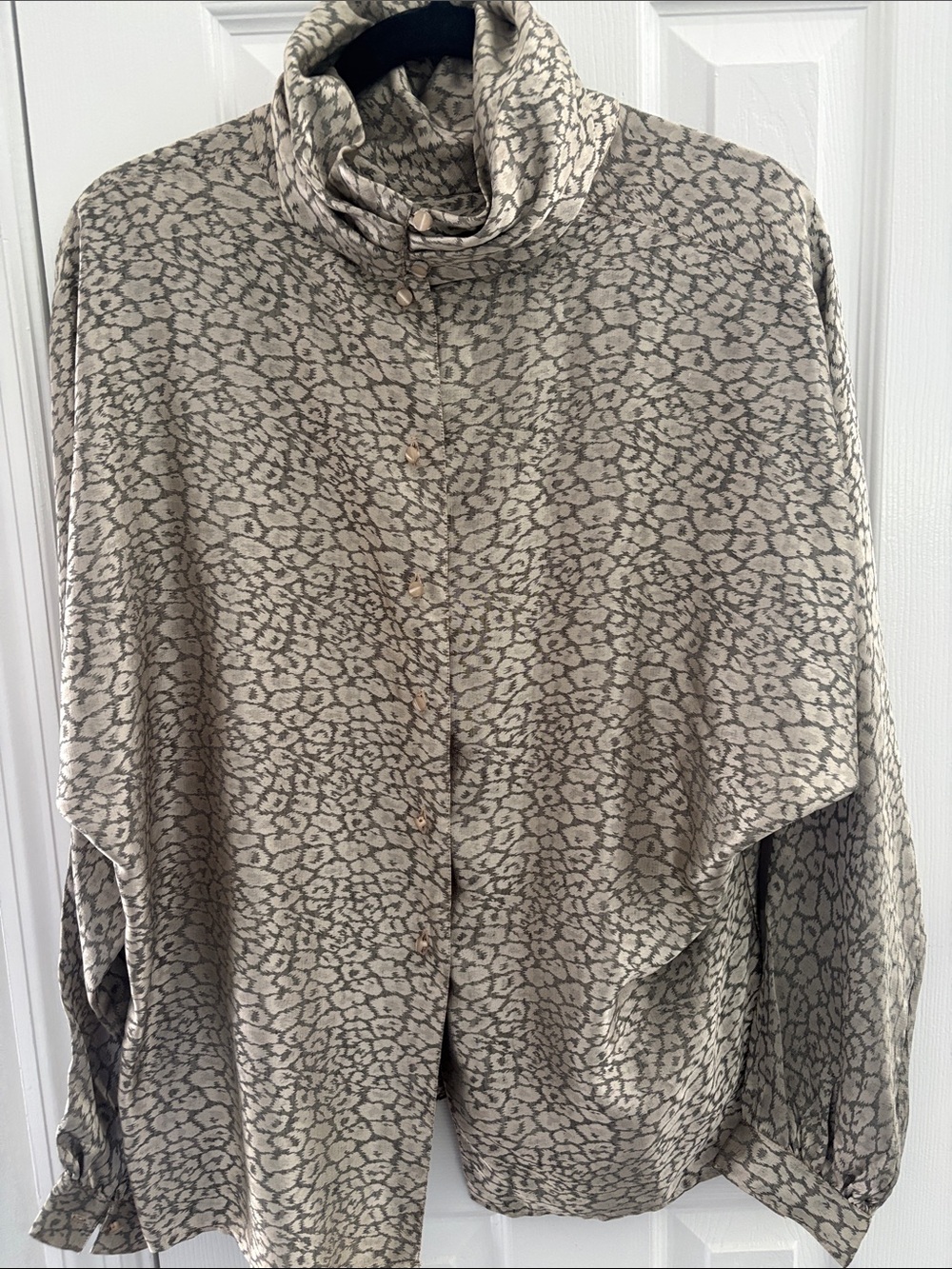 Neutral Animal Print Button-Front Blouse with Roll Neck